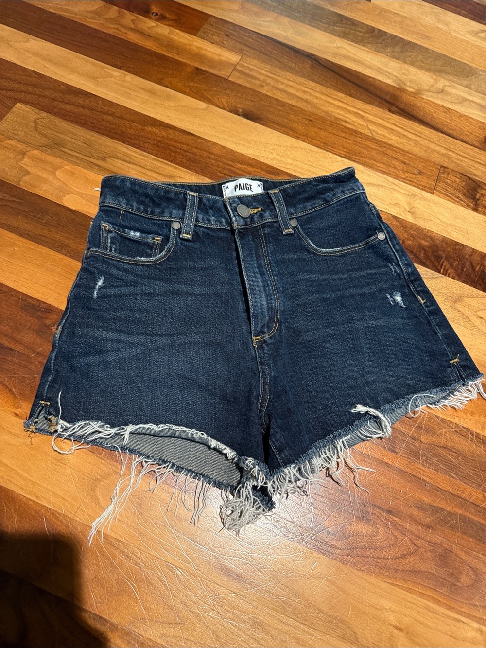 PAIGE Dark Indigo Frayed Hem High-Rise Margot Jean Shorts